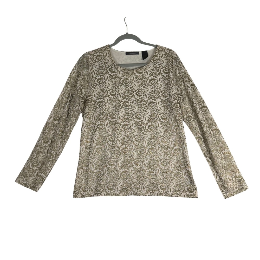 Vintage Liz Claiborne Lace Top Womens M Gold Metallic Neutral Floral 90s‎ Y2K